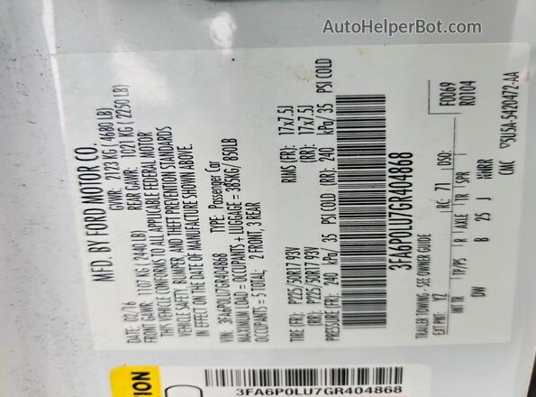 3FA6P0LU7GR404868 2016 FORD FUSION Белый Вид подкапотного пространства