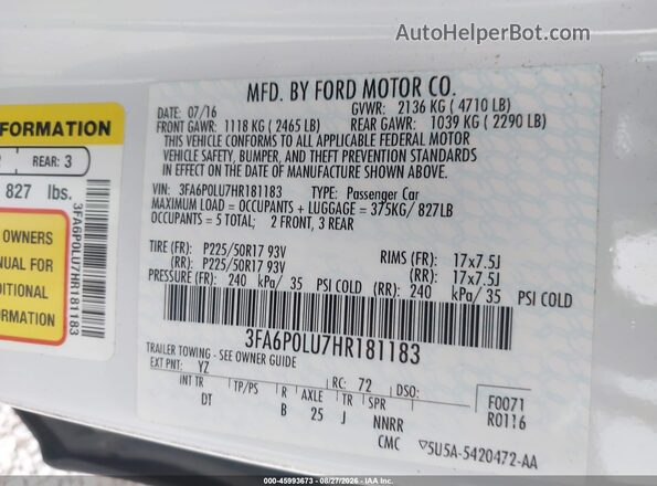 3FA6P0LU7HR181183 2017 FORD FUSION White Vista del compartimento del motor