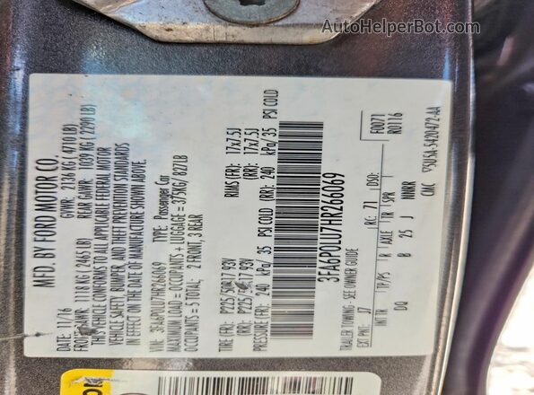 3FA6P0LU7HR266069 2017 FORD FUSION Gray VIN კოდის სტიკერის ხედი