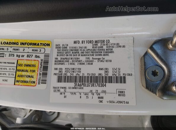 3FA6P0LU7JR170304 2018 FORD FUSION HYBRID White Vista del compartimento del motor