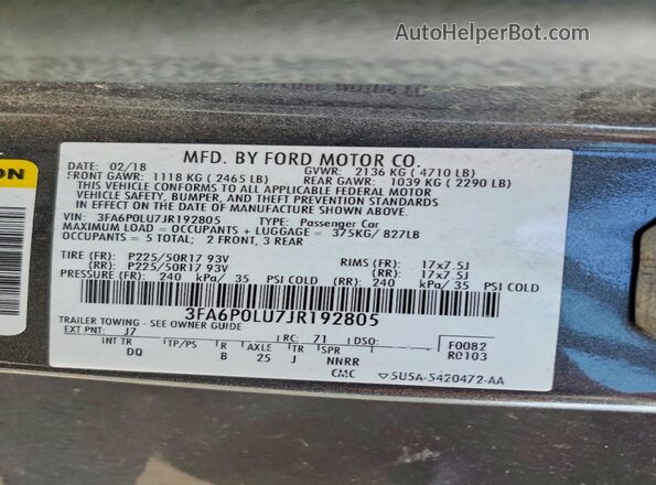3FA6P0LU7JR192805 2018 FORD FUSION Серый Вид подкапотного пространства