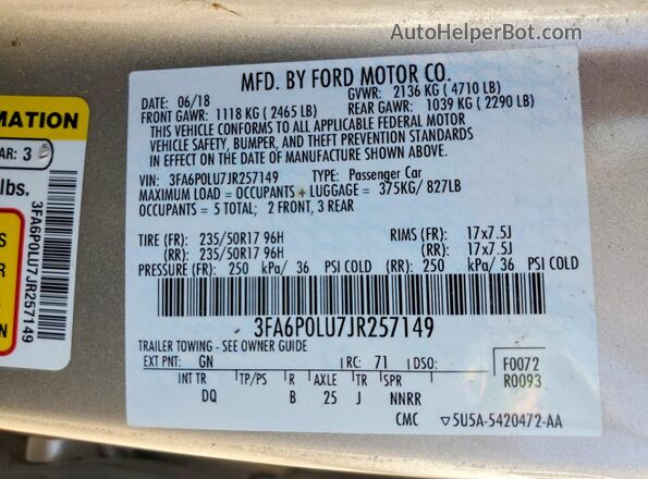 3FA6P0LU7JR257149 2018 FORD FUSION Beige Vista del compartimento del motor
