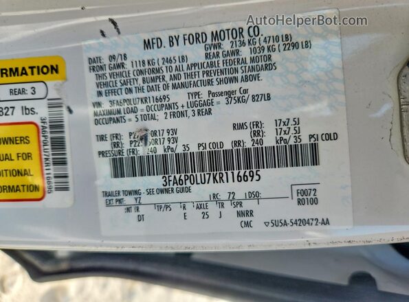 3FA6P0LU7KR116695 2019 FORD FUSION White VIN կոդի պիտակի տեսք