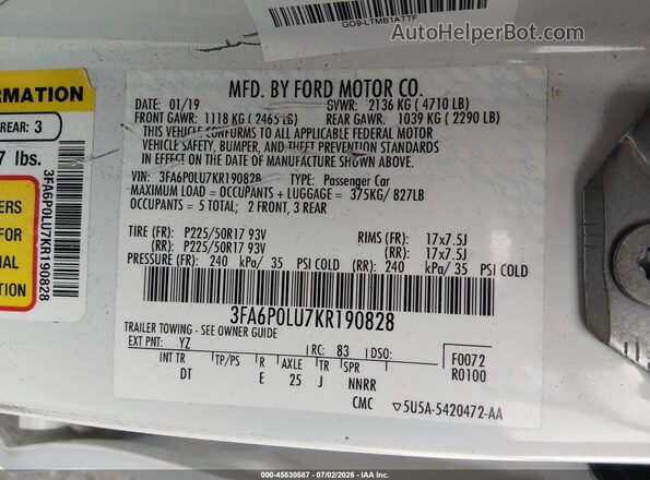 3FA6P0LU7KR190828 2019 FORD FUSION HYBRID White Engine compartment view