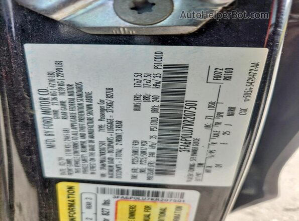 3FA6P0LU7KR207501 2019 FORD FUSION Black VIN კოდის სტიკერის ხედი