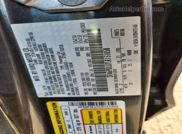 3FA6P0LU7LR151058 2020 FORD FUSION Gray Widok naklejki z numerem VIN