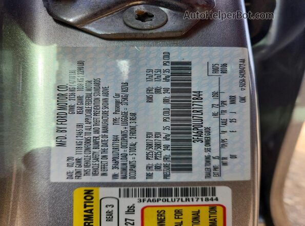 3FA6P0LU7LR171844 2020 FORD FUSION Silver Vista del compartimento del motor