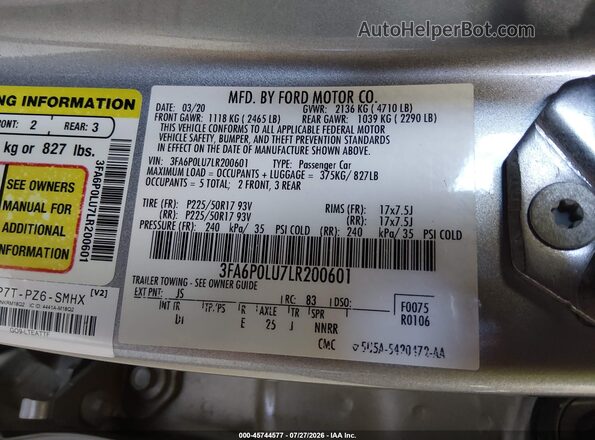 3FA6P0LU7LR200601 2020 FORD FUSION Silver Vista del compartimento del motor