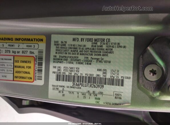 3FA6P0LU7LR263939 2020 FORD FUSION Silver Vista del compartimento del motor