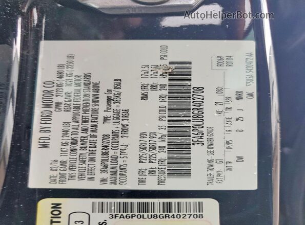3FA6P0LU8GR402708 2016 FORD FUSION Black Vista del compartimento del motor