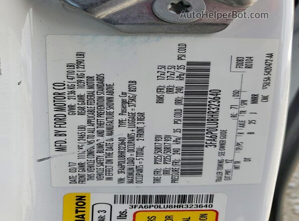 3FA6P0LU8HR323640 2017 FORD FUSION White Engine compartment view