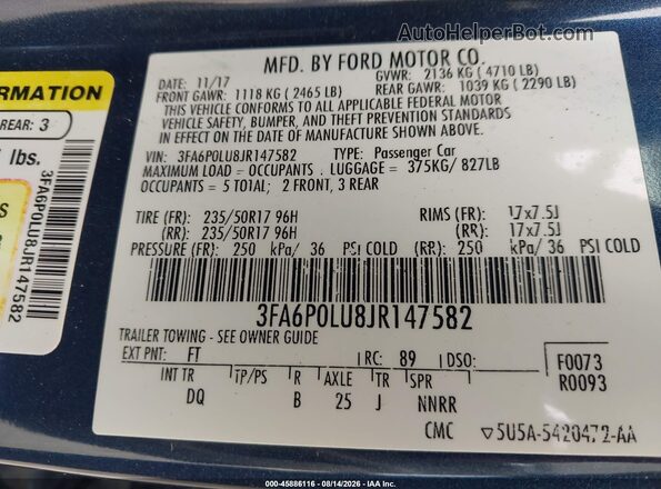 3FA6P0LU8JR147582 2018 FORD FUSION HYBRID Синий Вид подкапотного пространства