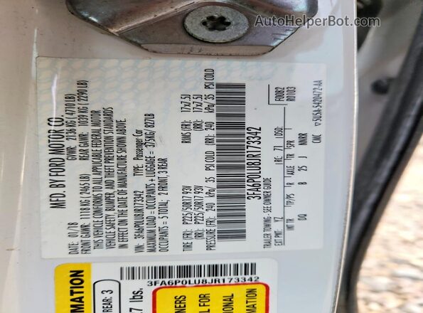 3FA6P0LU8JR173342 2018 FORD FUSION White Engine compartment view