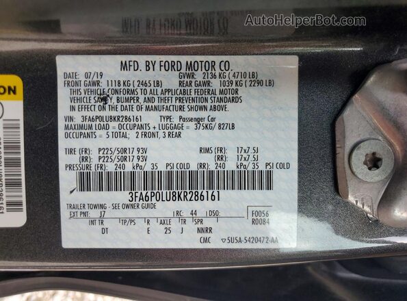 3FA6P0LU8KR286161 2019 FORD FUSION Charcoal Вид підкапотного простору