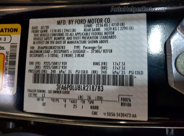 3FA6P0LU8LR218783 2020 FORD FUSION Blue Vista del compartimento del motor