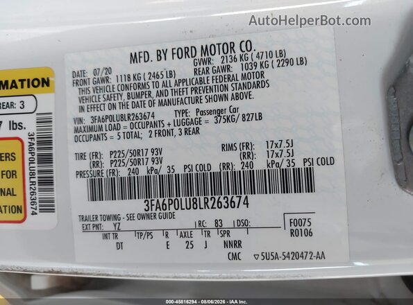 3FA6P0LU8LR263674 2020 FORD FUSION White Вид підкапотного простору