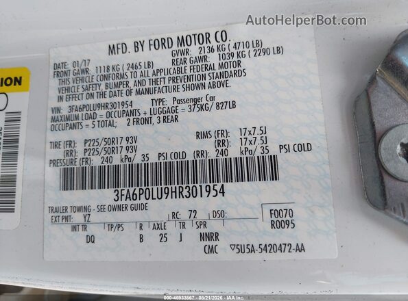 3FA6P0LU9HR301954 2017 FORD FUSION HYBRID Белый Вид подкапотного пространства
