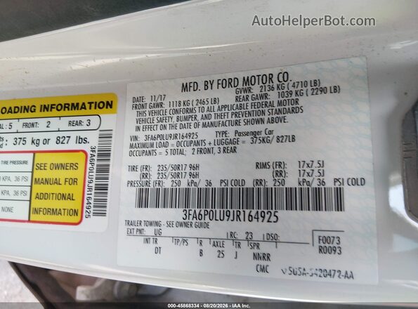 3FA6P0LU9JR164925 2018 FORD FUSION HYBRID Белый Вид подкапотного пространства