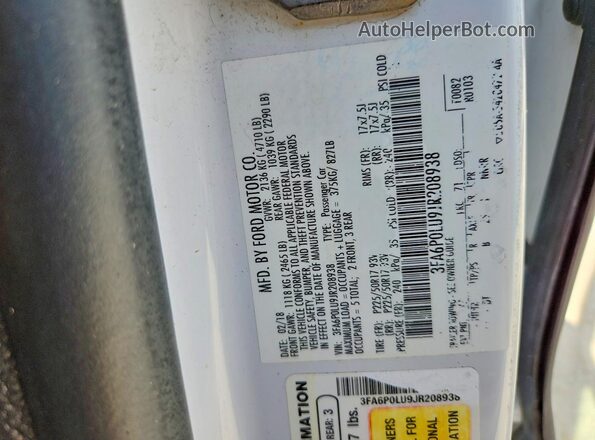 3FA6P0LU9JR208938 2018 FORD FUSION White Вид підкапотного простору