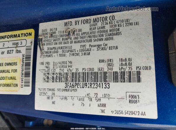 3FA6P0LU9JR234133 2018 FORD FUSION HYBRID Blue Vista del compartimento del motor