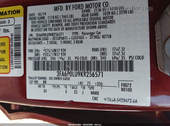 3FA6P0LU9KR256571 2019 FORD FUSION HYBRID Красный Вид подкапотного пространства