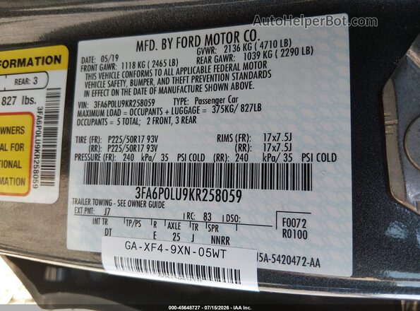3FA6P0LU9KR258059 2019 FORD FUSION HYBRID Black Շարժիչի բաժամունքի տեսք