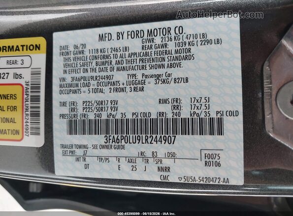 3FA6P0LU9LR244907 2020 FORD FUSION Gray ძრავის განყოფილების ხედი