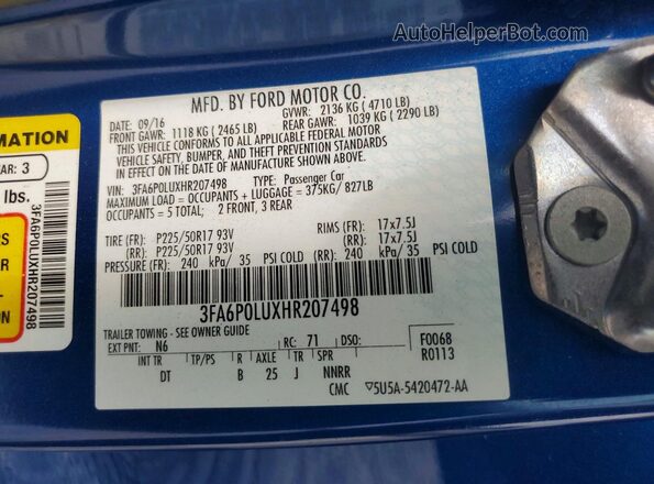 3FA6P0LUXHR207498 2017 FORD FUSION Blue Engine compartment view