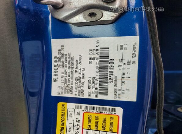 3FA6P0LUXHR240016 2017 FORD FUSION Blue Vista del compartimento del motor