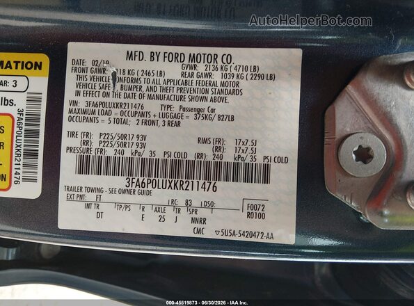 3FA6P0LUXKR211476 2019 FORD FUSION HYBRID Blue ძრავის განყოფილების ხედი