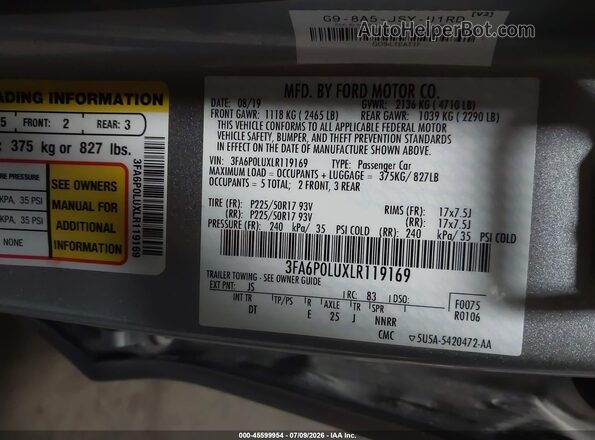 3FA6P0LUXLR119169 2020 FORD FUSION Silver Vista del compartimento del motor
