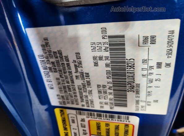 3FA6P0LUXLR158215 2020 FORD FUSION Blue Вид підкапотного простору