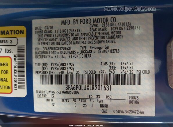 3FA6P0LUXLR201631 2020 FORD FUSION Blue Вид підкапотного простору