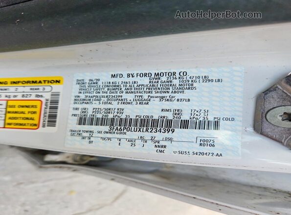 3FA6P0LUXLR234399 2020 FORD FUSION White Вид наклейки з VIN-кодом