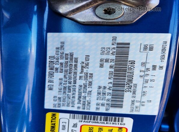3FA6P0MU0LR195160 2020 FORD FUSION Blue Vista del compartimento del motor