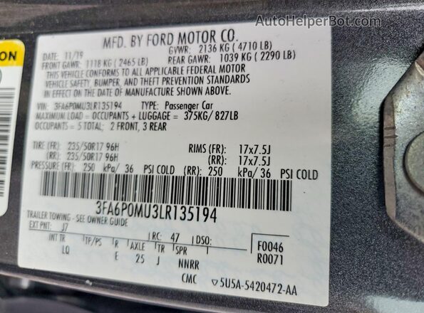 3FA6P0MU3LR135194 2020 FORD FUSION Серый Вид подкапотного пространства