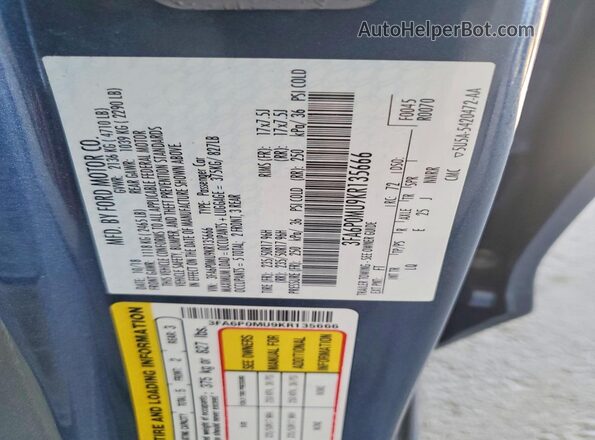 3FA6P0MU9KR135666 2019 FORD FUSION Blue Engine compartment view
