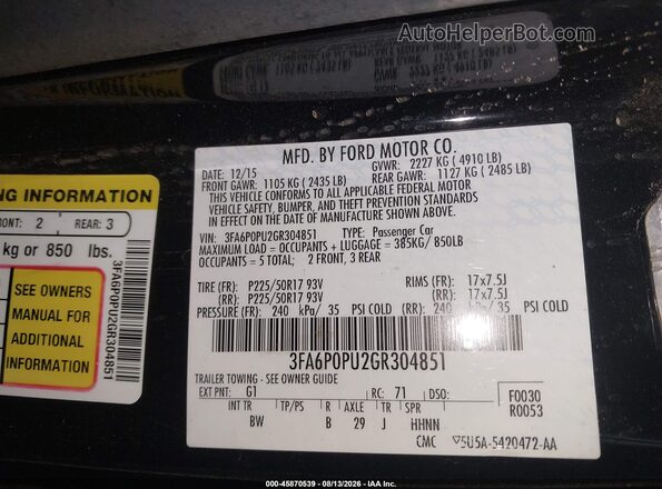 3FA6P0PU2GR304851 2016 FORD FUSION ENERGI Black ძრავის განყოფილების ხედი