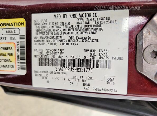 3FA6P0PU2HR331775 2017 FORD FUSION Burgundy Շարժիչի բաժամունքի տեսք
