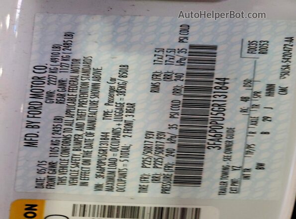 3FA6P0PU5GR131844 2016 FORD FUSION White Вид підкапотного простору