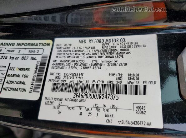 3FA6P0RU0JR247375 2018 FORD FUSION Black Vista de la etiqueta del VIN
