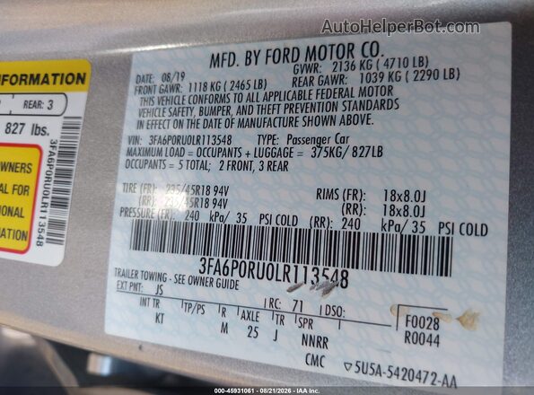 3FA6P0RU0LR113548 2020 FORD FUSION Silver ძრავის განყოფილების ხედი