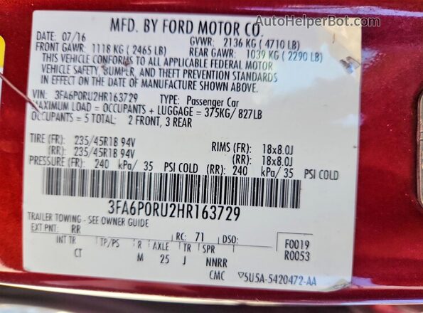 3FA6P0RU2HR163729 2017 FORD FUSION Red Vista del compartimento del motor