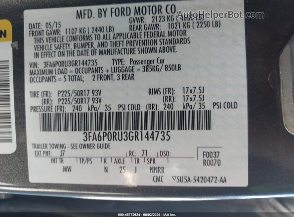 3FA6P0RU3GR144735 2016 FORD FUSION HYBRID Gray Widok komory silnika