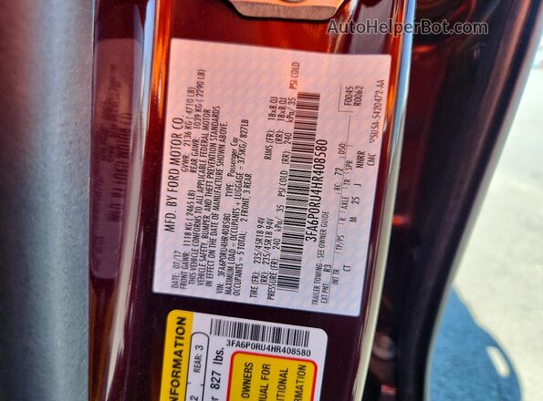 3FA6P0RU4HR408580 2017 FORD FUSION Бордовый Вид наклейки с VIN-кодом