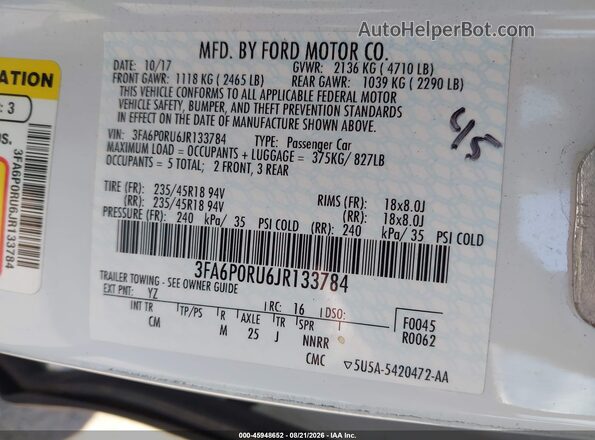 3FA6P0RU6JR133784 2018 FORD FUSION HYBRID White Շարժիչի բաժամունքի տեսք