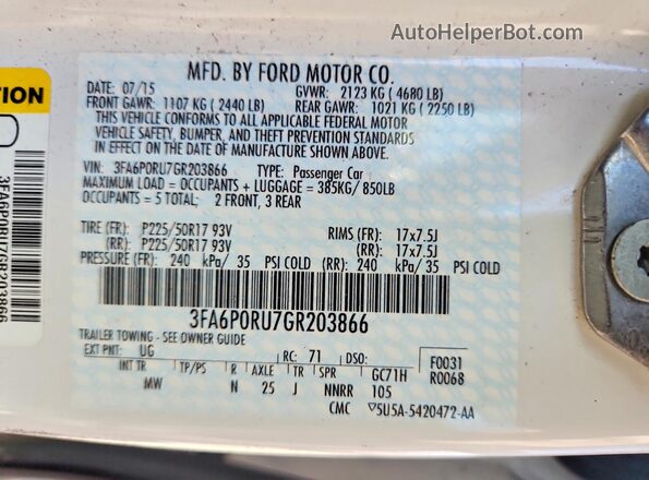 3FA6P0RU7GR203866 2016 FORD FUSION White Вид підкапотного простору
