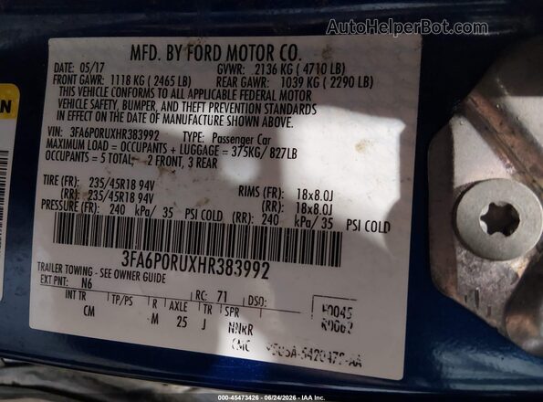 3FA6P0RUXHR383992 2017 FORD FUSION HYBRID Blue Vista del compartimento del motor