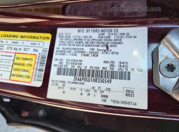 3FA6P0SU1HR350549 2017 FORD FUSION Угольный Вид подкапотного пространства