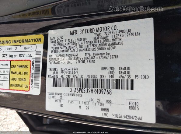 3FA6P0SU2HR409768 2017 FORD FUSION ENERGI Black ძრავის განყოფილების ხედი